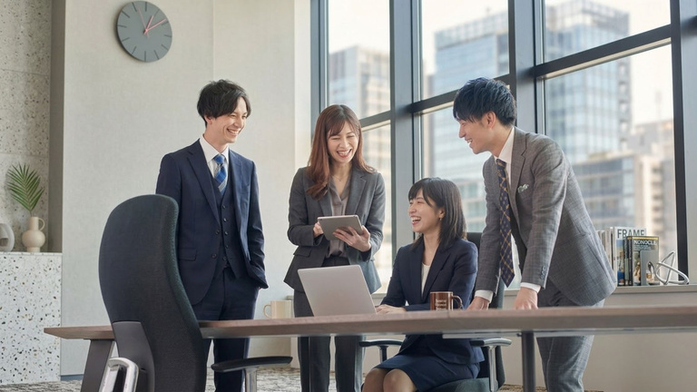 オフィスで笑顔で会話する社員たちのサービスイメージ